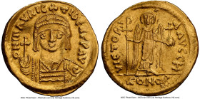 Maurice Tiberius (AD 582-602). AV solidus (22mm, 4.47 gm, 5h). NGC Choice XF 5/5 - 2/5, wavy flan. Constantinople, 8th officina, AD 582-583. d N mAVRI...