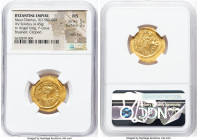 Maurice Tiberius (AD 582-602). AV solidus (21mm, 4.45 gm, 7h). NGC MS 5/5 - 2/5, wavy flan, brushed, clipped. Constantinople, 6th officina, AD 583-601...