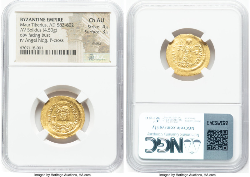 Maurice Tiberius (AD 582-602). AV solidus (22mm, 4.50 gm, 6h). NGC Choice AU 4/5...