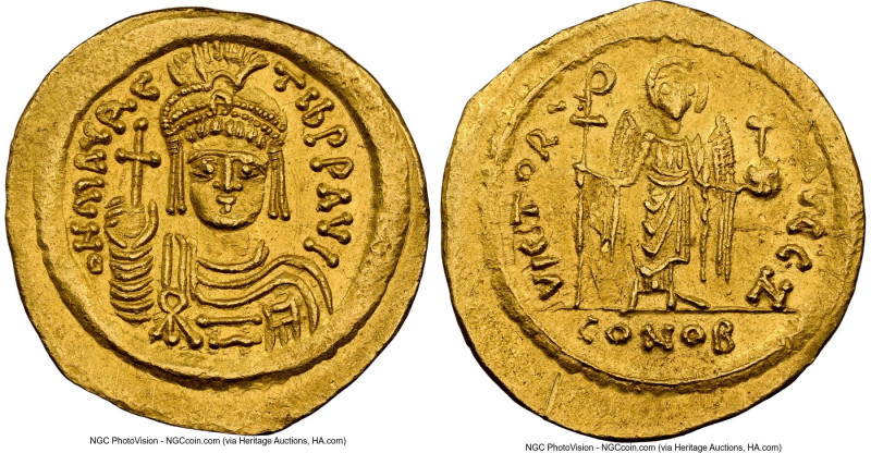 Maurice Tiberius (AD 582-602). AV solidus (21mm, 4.42 gm, 7h). NGC Choice AU 4/5...
