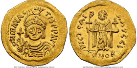 Maurice Tiberius (AD 582-602). AV solidus (20mm, 4.36 gm, 7h). NGC AU 5/5 - 4/5, clipped. Constantinople, 10th officina, AD 583-601. o N mAVRC-TIb PP ...