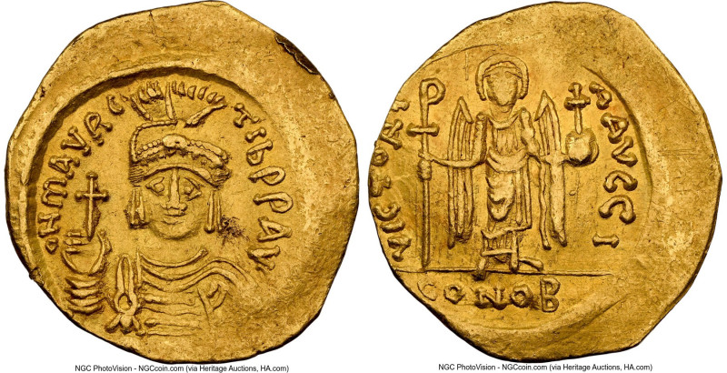 Maurice Tiberius (AD 582-602). AV solidus (21mm, 4.27 gm, 7h). NGC Choice XF 4/5...