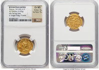 Phocas (AD 602-610). AV solidus (20mm, 4.49 gm, 5h). NGC Choice MS 5/5 - 5/5. Constantinople, 5th officina, AD 607-610. D N FOCAS-PЄRP AVG, draped, cu...