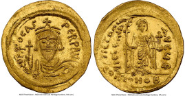 Phocas (AD 602-610). AV solidus (22mm, 4.48 gm, 7h). NGC MS 3/5 - 4/5, die shift. Constantinople, 5th officina, AD 607-610. D N FOCAS-PЄRP AVG, draped...