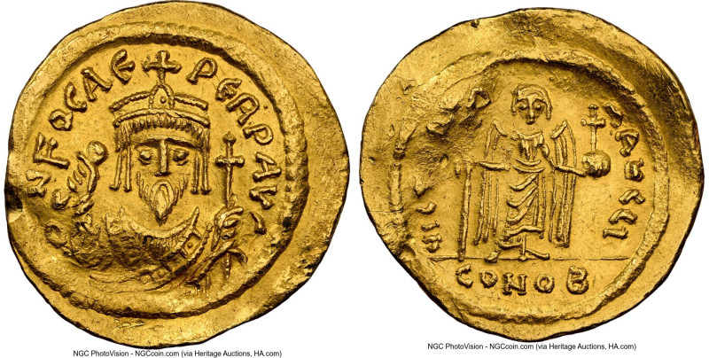 Phocas (AD 602-610). AV solidus (22mm, 4.46 gm, 7h). NGC Choice AU 4/5 - 2/5, wr...