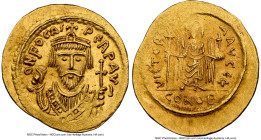 Phocas (AD 602-610). AV solidus (22mm, 4.48 gm, 8h). NGC Choice AU 4/5 - 4/5. Constantinople, 5th officina, AD late 602-603. o-N FOCAЄ-PЄRP AVG, bust ...