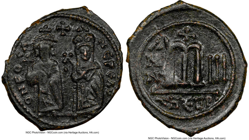 Phocas with Leontia (AD 602-610). AE follis (28mm, 9.43 gm, 5h). NGC AU 4/5 - 3/...