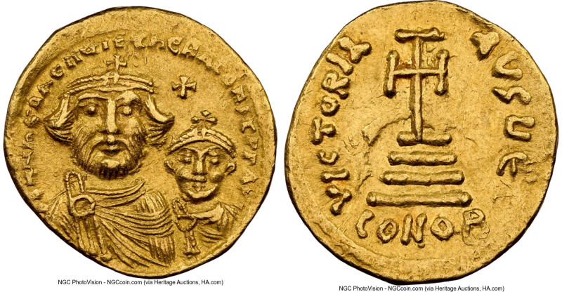 Heraclius with Heraclius Constantine (AD 613-641). AV solidus (19mm, 4.48 gm, 8h...