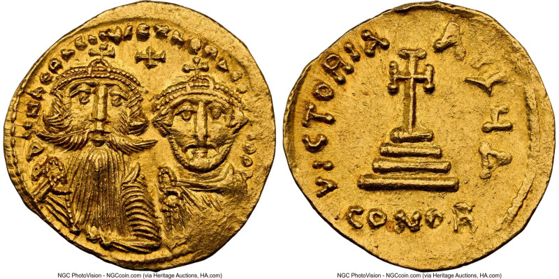 Heraclius with Heraclius Constantine (AD 613-641). AV solidus (21mm, 4.46 gm, 6h...