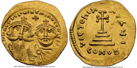 Heraclius with Heraclius Constantine (AD 613-641). AV solidus (21mm, 4.34 gm, 7h). NGC Choice AU 4/5 - 2/5, edge bend, clipped, light graffito. Consta...