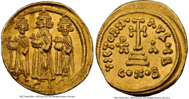 Heraclius with Heraclius Constantine, and Heraclonas (AD 632-641). AV solidus (20mm, 4.44 gm, 7h). NGC Choice AU 5/5 - 2/5, graffito. Constantinople, ...