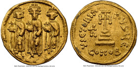 Heraclius with Heraclius Constantine, and Heraclonas (AD 632-641). AV solidus (20mm, 4.35 gm, 7h). NGC Choice VF 4/5 - 2/5, wavy flan, die shift, clip...