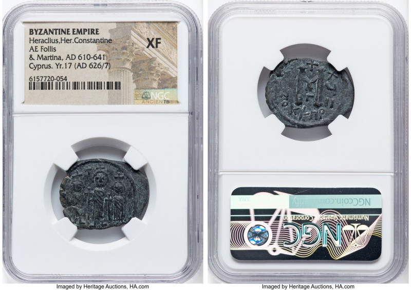 Heraclius with Heraclius Constantine, and Martina (AD 613-641). AE follis (26mm,...