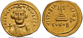 Constans II Pogonatus (AD 641-668). AV solidus (21mm, 4.32 gm, 7h). NGC Choice VF 5/5 - 2/5, graffiti, clipped. Constantinople, 4th officina, AD 647-6...