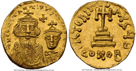 Constans II Pogonatus with Constantine IV (AD 654-668). AV solidus (19mm, 4.40 gm 7h). NGC MS 4/5 - 3/5, brushed, clipped. Constantinople, 9th officin...
