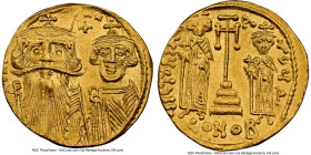 Constans II Pogonatus with Constantine IV, Heraclius, and Tiberius (AD 659-668). AV solidus (19mm, 4.39 gm, 7h). NGC MS 5/5 - 4/5, clipped. Constantin...