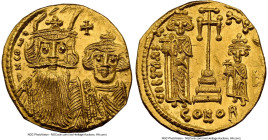 Constans II Pogonatus with Constantine IV, Heraclius, and Tiberius (AD 659-668). AV solidus (19mm, 4.34 gm, 7h). NGC MS 4/5 - 3/5, scuff, clipped. Con...