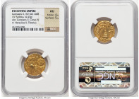 Constans II Pogonatus with Constantine IV, Heraclius, and Tiberius (AD 659-668). AV solidus (20mm, 4.43 gm, 6h). NGC AU 4/5 - 5/5. Constantinople, unc...