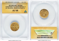 Constans II Pogonatus with Constantine IV, Heraclius, and Tiberius (AD 659-668). AV solidus (19mm, 6h). ANACS AU 58. Constantinople, 6th officina, AD ...