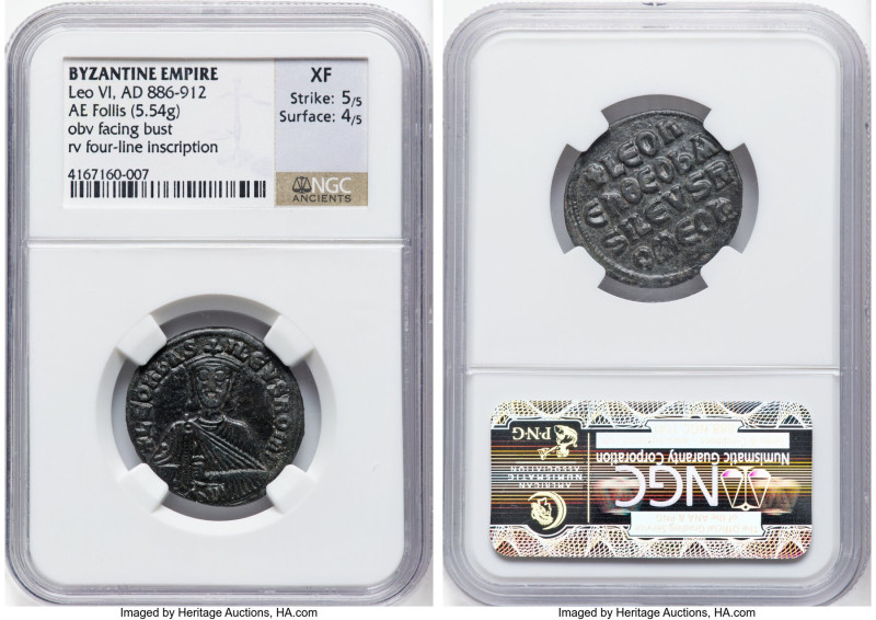 Leo VI the Wise (AD 886-912). AE follis (25mm, 5.54 gm, 5h). NGC XF 5/5 - 4/5. C...