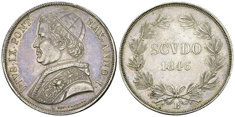 Pius IX, AR Scudo Romano 1846 B/anno I, Bologna 

Stato pontificio. Pius IX (G...