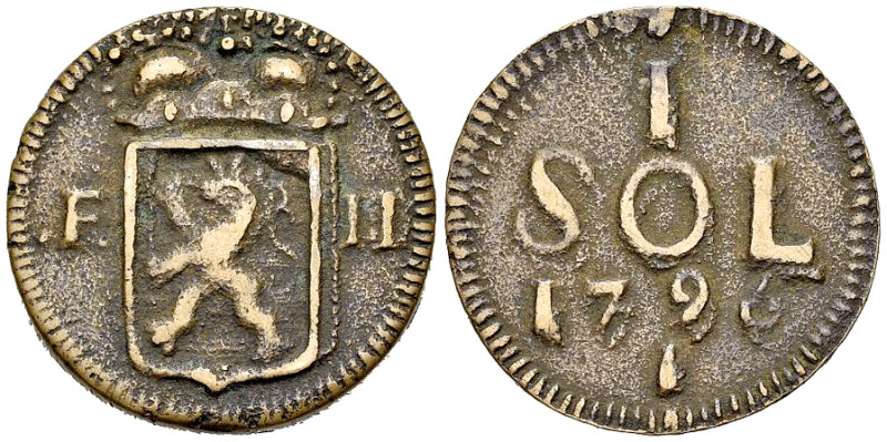 Luxembourg AE 1 Sol 1795 

Luxembourg. Siége de Luxemboug. AE 1 Sol 1795 (31 m...