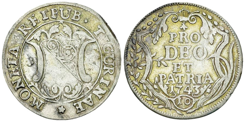 Zürich, AR 10 Schilling 1743 

Schweiz, Zürich. AR 10 Schilling 1743 (4.78 g)....