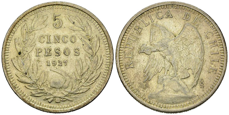 Chile AR 5 Pesos 1927, Santiago 

Chile, Republic. AR 5 Pesos 1927 So (24.89 g...