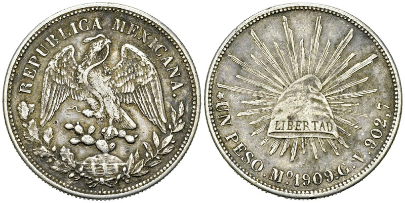 Mexico AR Peso 1909, Mexico City 

Mexico, Republic. AR Peso 1909 Mo GV (26.89...