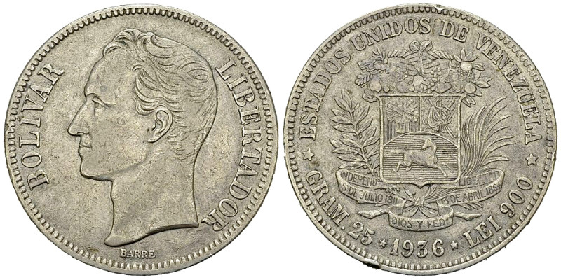 Venezuela AR 5 Bolivares 1936 

Venezuela. AR 5 Bolivares 1936 (24.85 g).
 KM...