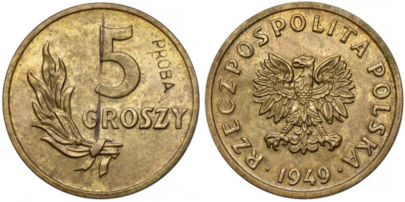 Próba MOSIĄDZ 5 groszy 1949 Mennicza z poziomym śladem tuszu na rewersie. 
 Cha...