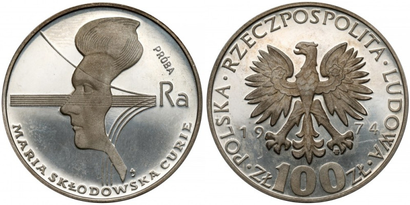 Próba SREBRO 100 złotych 1974 Skłodowska-Curie - w lewo / DUŻY orzeł Dużej rzadk...