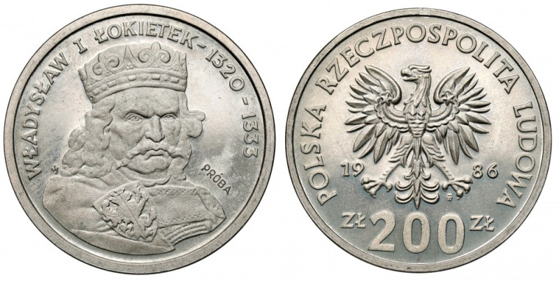 Próba CuNi 200 złotych 1986 Władysław I Łokietek Mennicza, z wyraźną patyną.
 ...