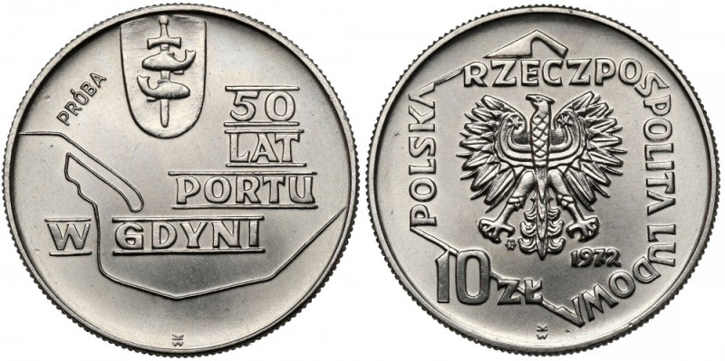 Próba NIKIEL 10 złotych 1972 Port w Gdyni - tło bez desenia Reference: Parchimow...