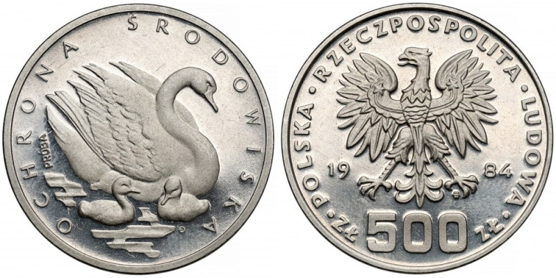 Próba NIKIEL 500 złotych 1984 Łabędzie Menniczy, z częściowymi odciskami palców....