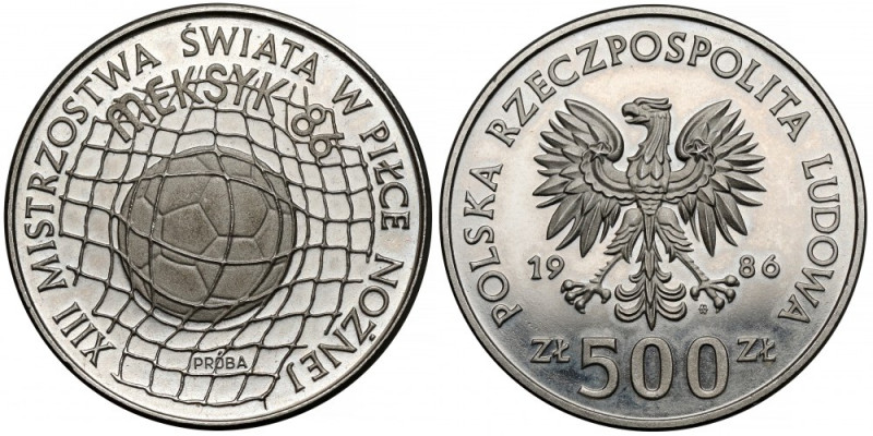 Próba NIKIEL 500 złotych 1986 MŚ w Piłce Nożnej Meksyk Wypalcowany w tle. 
Refe...