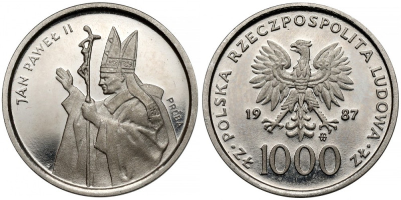 Próba NIKIEL 1.000 złotych 1987 Jan Paweł II - z krzyżem Menniczy, z częściowymi...