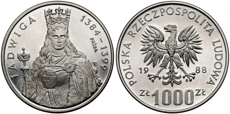 Próba NIKIEL 1.000 złotych 1988 Jadwiga Wypalcowane tło. 
Reference: Parchimowi...