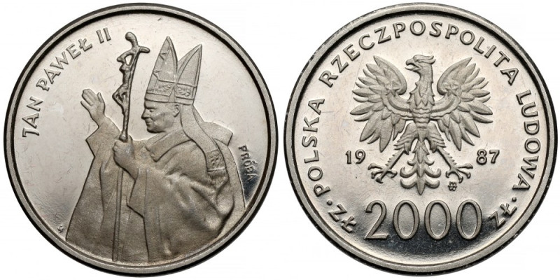 Próba NIKIEL 2.000 złotych 1987 Jan Paweł II - z krzyżem Menniczy, z częściowymi...