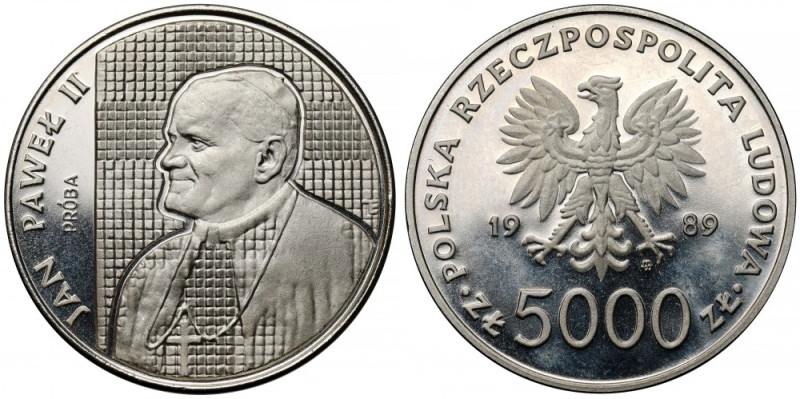 Próba NIKIEL 5.000 złotych 1989 Jan Paweł II - na kratce Menniczy z częściowymi ...