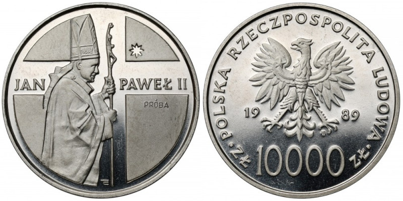 Próba NIKIEL 10.000 złotych 1989 Jan Paweł II - pastorał Menniczy z częściowymi ...