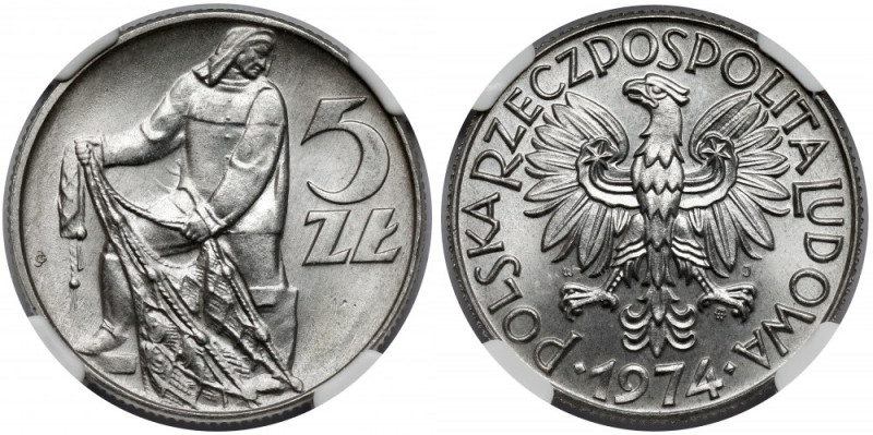 Rybak 5 złotych 1974 - słoneczko Piękny Rybak, dodatkowo z zauważalnym cenionym ...