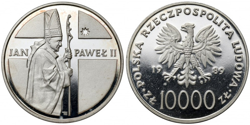 10.000 złotych 1989 Jan Paweł II - pastorał Powierzchnia umiejętnie zabezpieczon...