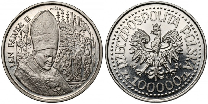 Próba NIKIEL 100.000 złotych 1991 Jan Paweł II - ołtarz Mocna patyna na rewersie...