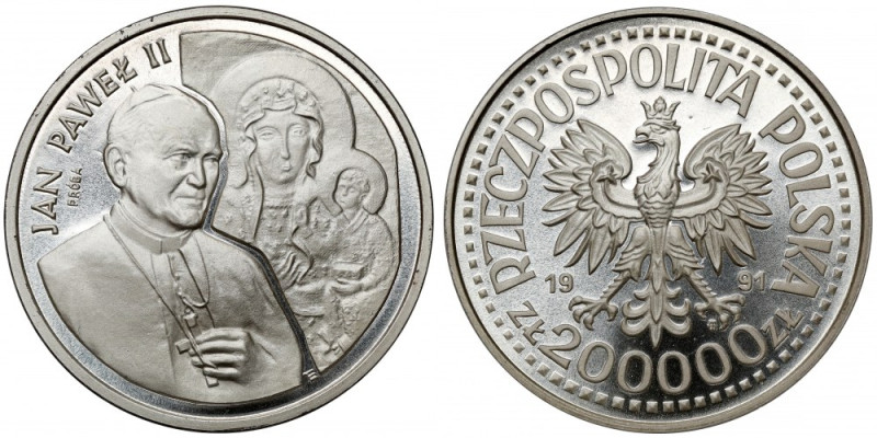 Próba SREBRO 200.000 złotych 1991 Jan Paweł II - Matka Boska Powierzchnia umieję...