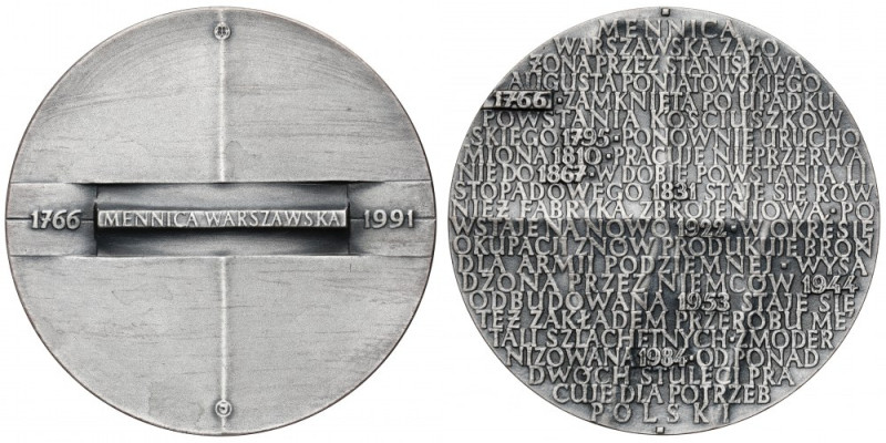 Medal 225. lecie Mennicy Warszawskiej 1991 Tombak srebrzony, średnica 70 mm, wag...