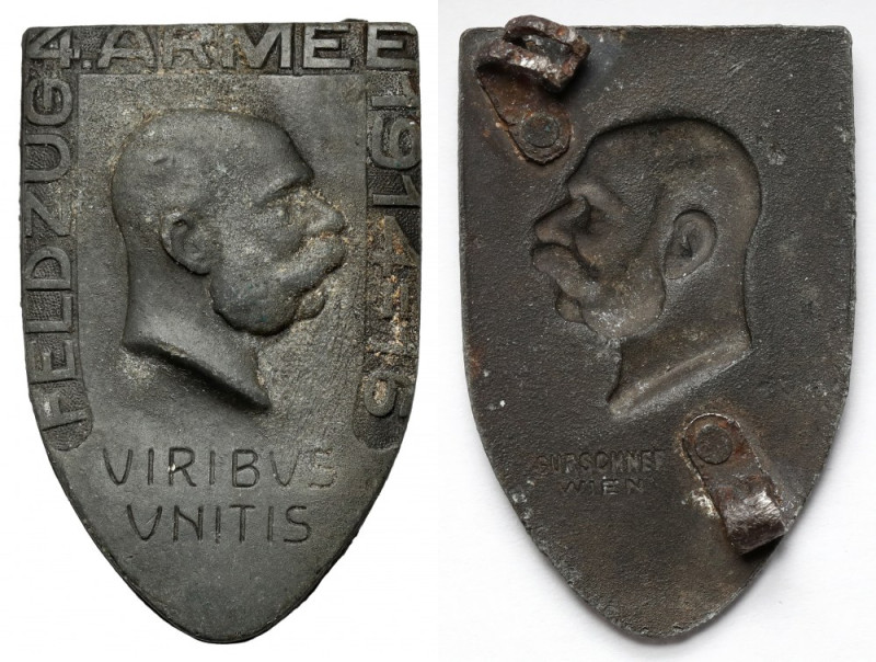 Austria, Tarcza Feldzug 4-Armee 1914-1916 Cynk, wymiary: 39 x 25 mm.