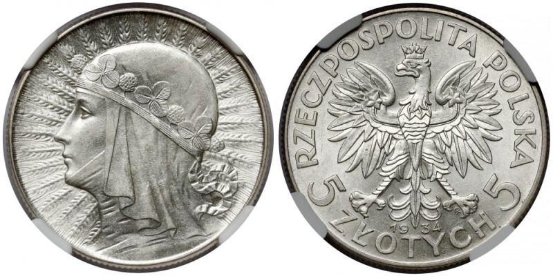 Głowa Kobiety 5 złotych 1934 Piękne, menniczej świeżości. Reference: Chałupski 2...