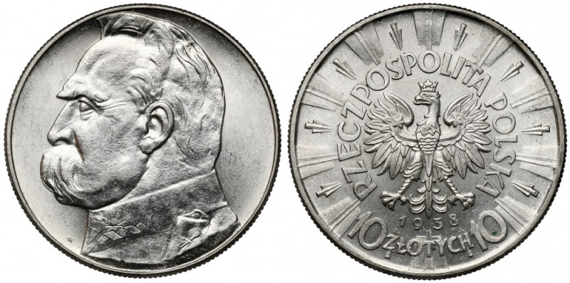 Piłsudski 10 złotych 1938 Trudniejszy do zdobycia rocznik Piłsudskiego w bardzo ...