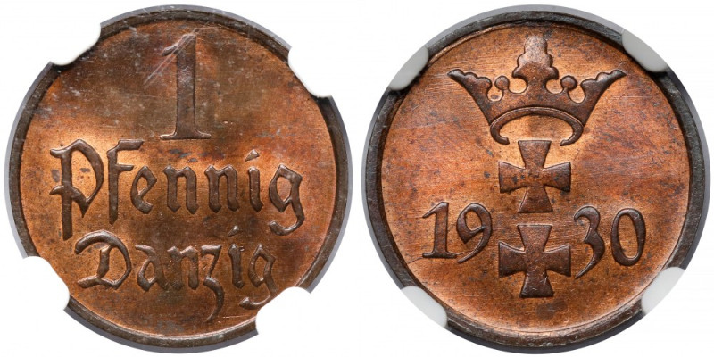 Gdańsk, 1 fenig 1930 Piękne. 
Reference: Parchimowicz 53.d
Grade: NGC MS64 RB...